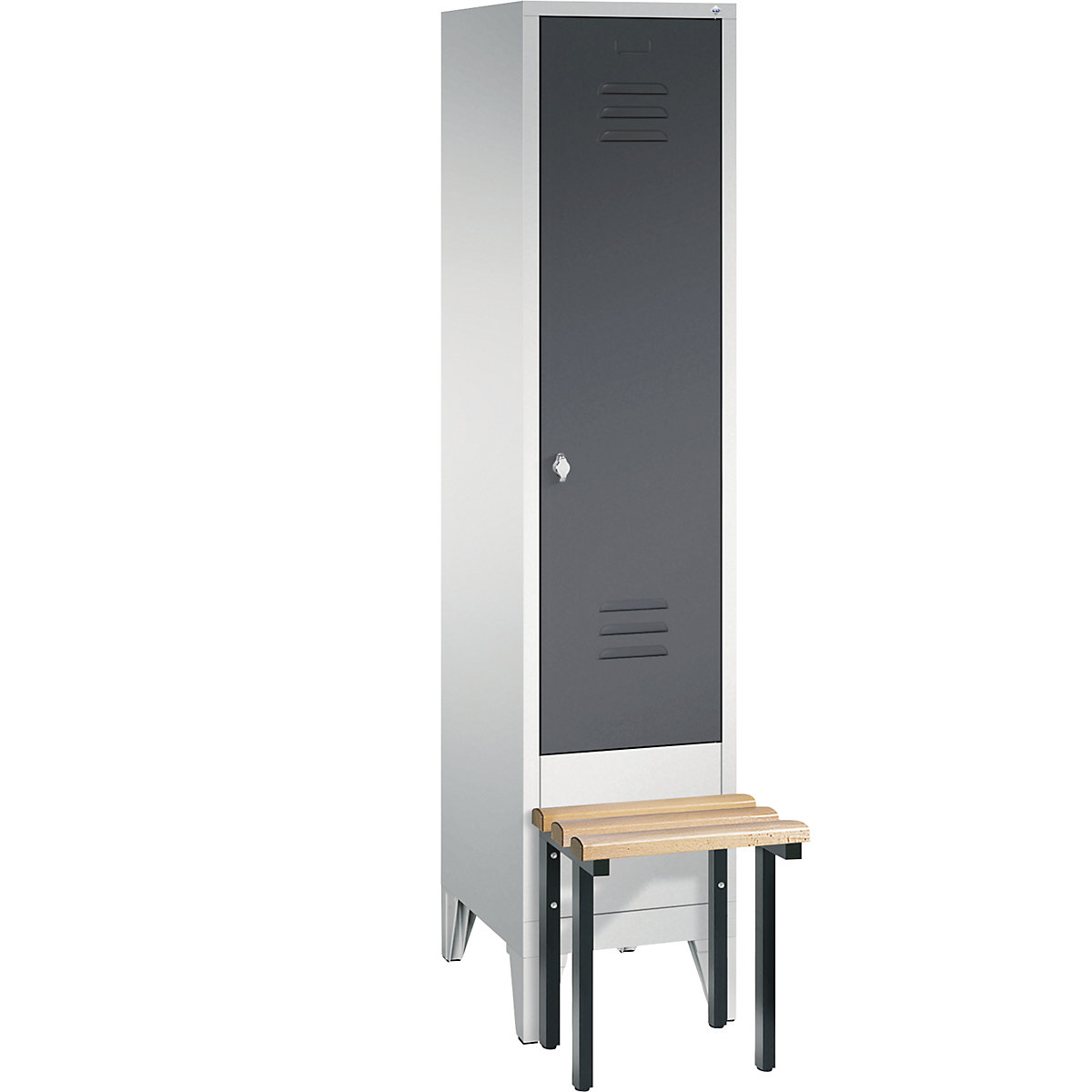 CLASSIC cloakroom locker with bench mounted in front – C+P, 1 compartment, compartment width 400 mm, light grey / black grey-11