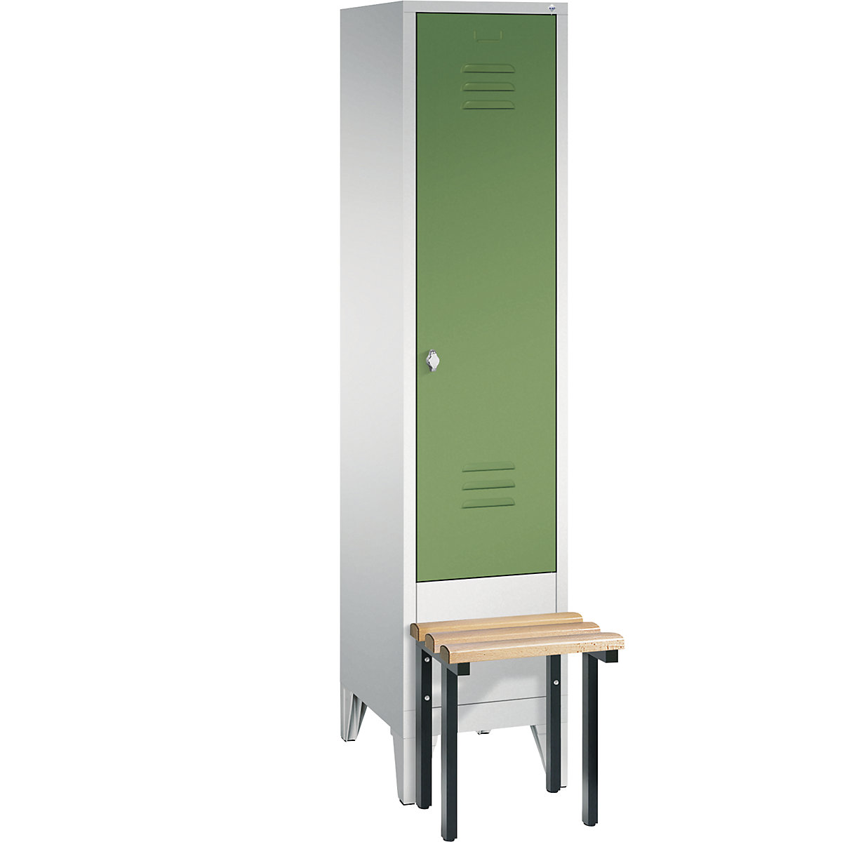 CLASSIC cloakroom locker with bench mounted in front – C+P, 1 compartment, compartment width 400 mm, light grey / reseda green-10