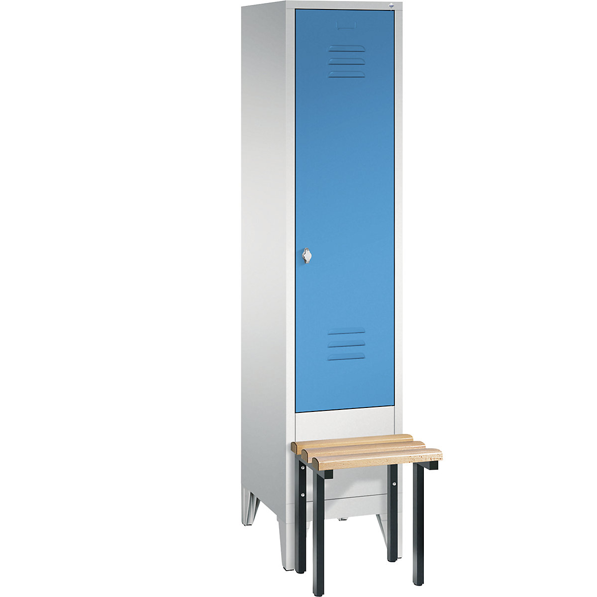 CLASSIC cloakroom locker with bench mounted in front – C+P, 1 compartment, compartment width 400 mm, light grey / light blue-12