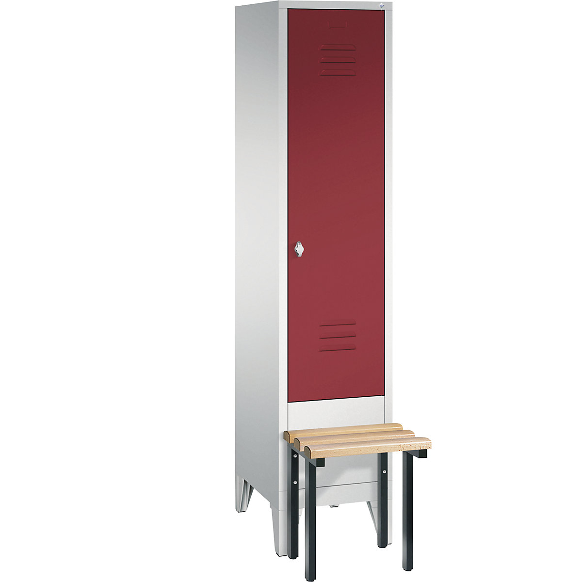 CLASSIC cloakroom locker with bench mounted in front – C+P, 1 compartment, compartment width 400 mm, light grey / ruby red-5