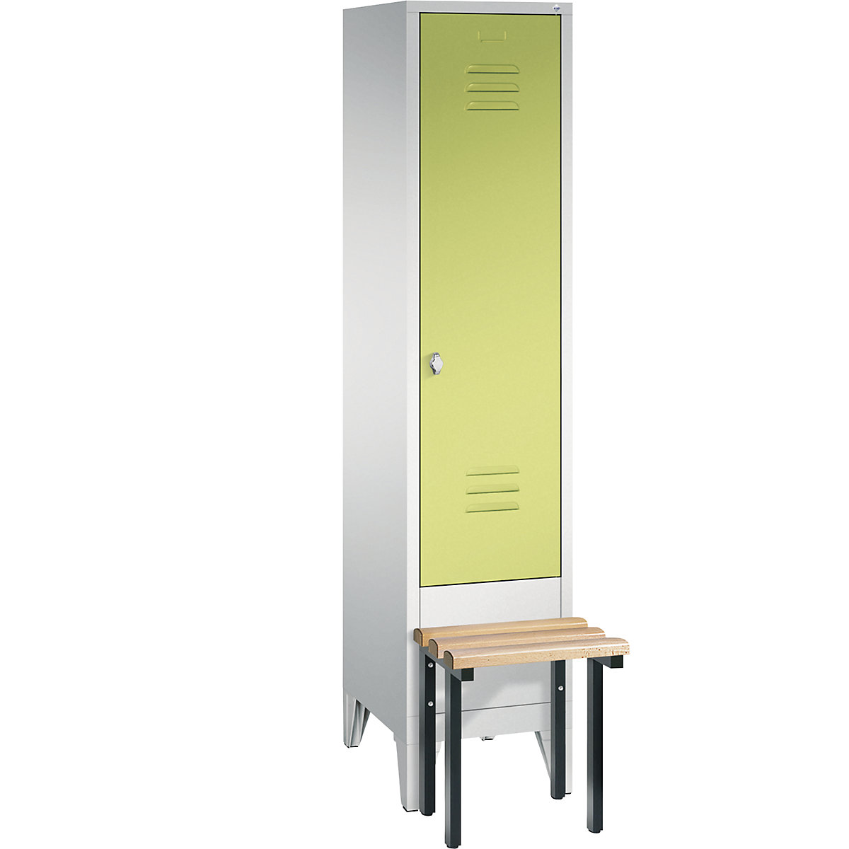 CLASSIC cloakroom locker with bench mounted in front – C+P, 1 compartment, compartment width 400 mm, light grey / viridian green-13