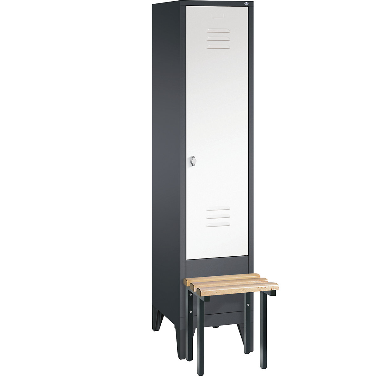 CLASSIC cloakroom locker with bench mounted in front – C+P, 1 compartment, compartment width 400 mm, black grey / traffic white-3