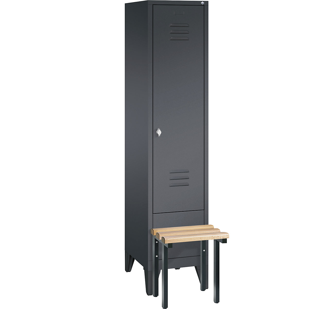 CLASSIC cloakroom locker with bench mounted in front – C+P, 1 compartment, compartment width 400 mm, black grey-8