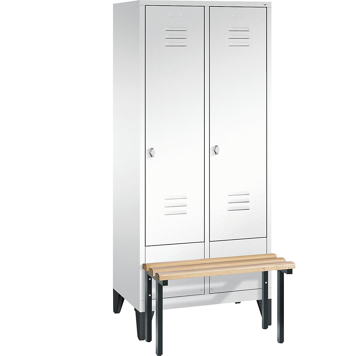 CLASSIC cloakroom locker with bench mounted in front – C+P, 2 compartments, compartment width 400 mm, traffic white-9