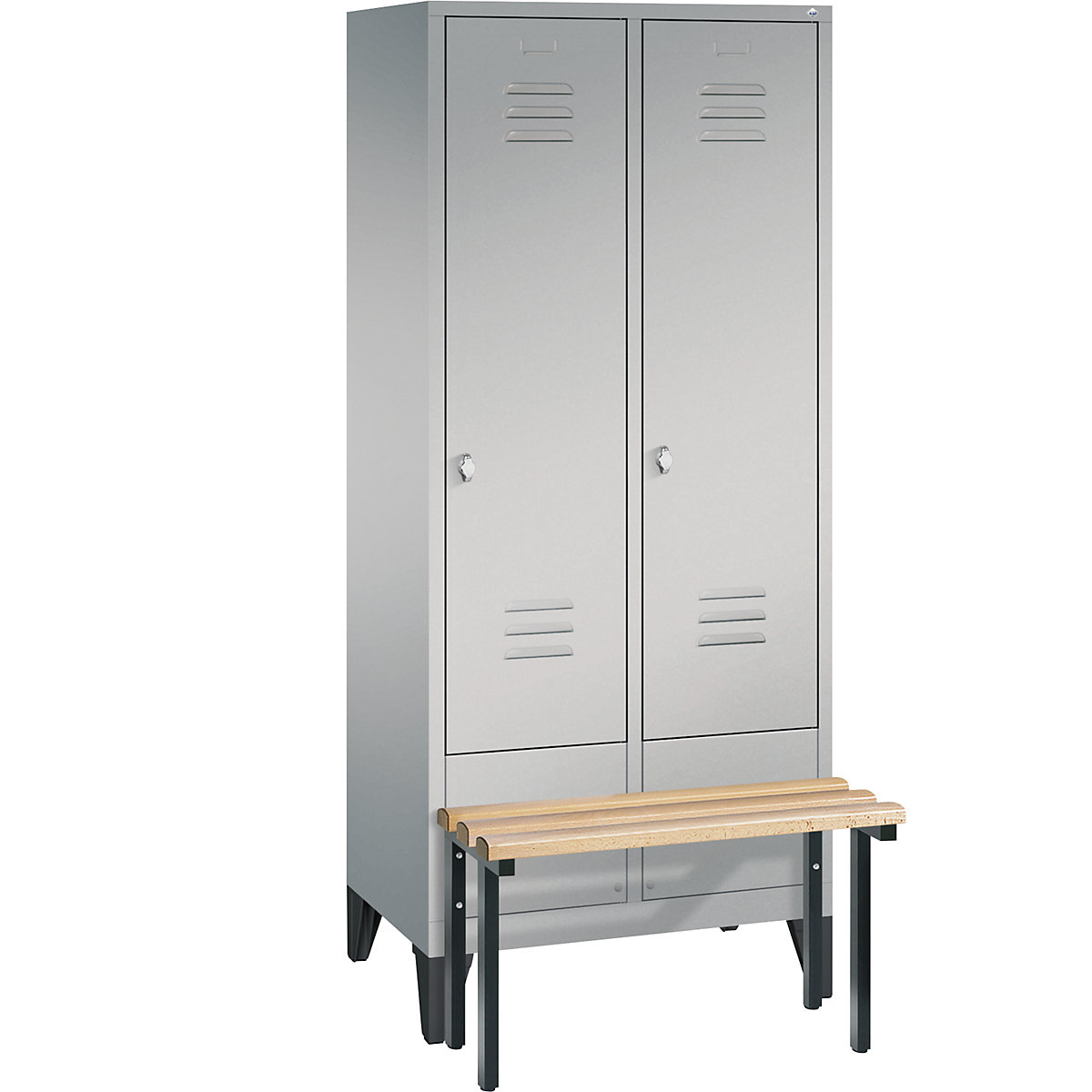CLASSIC cloakroom locker with bench mounted in front – C+P, 2 compartments, compartment width 400 mm, white aluminium-10