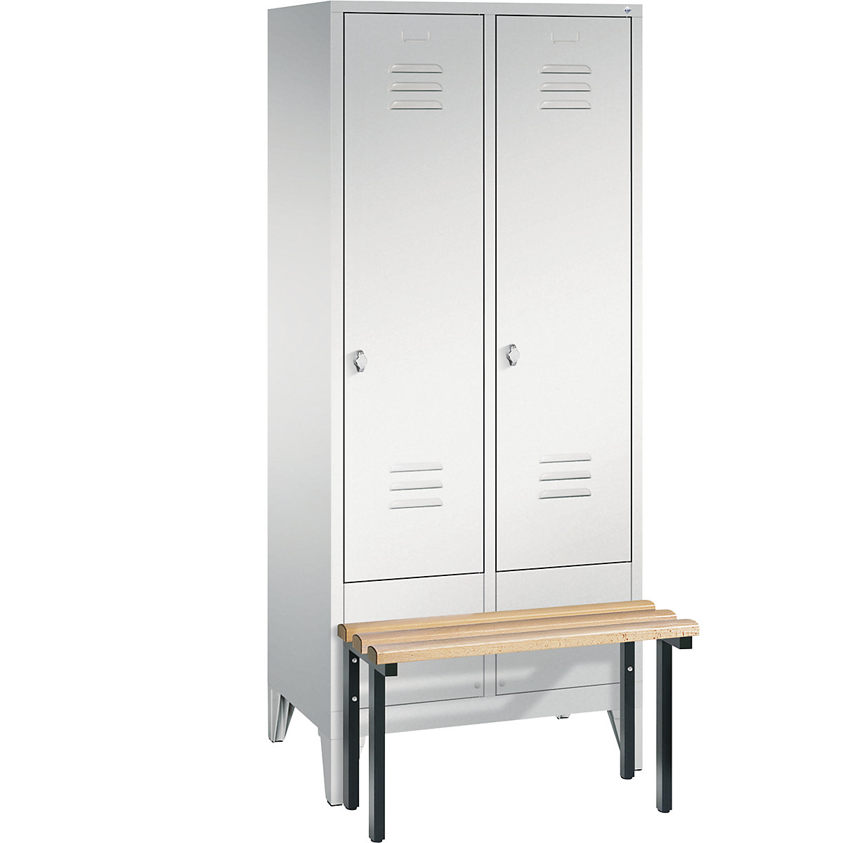 CLASSIC cloakroom locker with bench mounted in front – C+P, 2 compartments, compartment width 400 mm, light grey-4