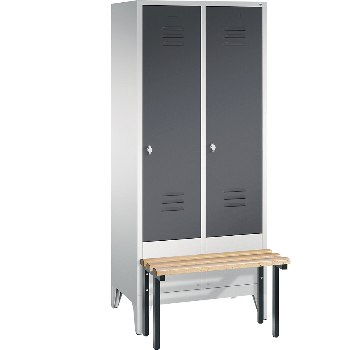 CLASSIC cloakroom locker with bench mounted in front – C+P, 2 compartments, compartment width 400 mm, light grey / black grey-7