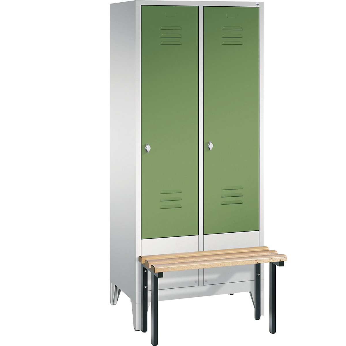 CLASSIC cloakroom locker with bench mounted in front – C+P, 2 compartments, compartment width 400 mm, light grey / reseda green-12