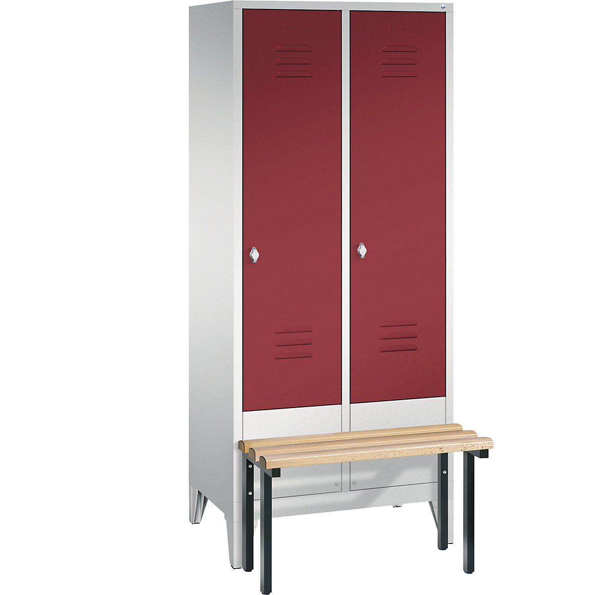 CLASSIC cloakroom locker with bench mounted in front – C+P, 2 compartments, compartment width 400 mm, light grey / ruby red-6