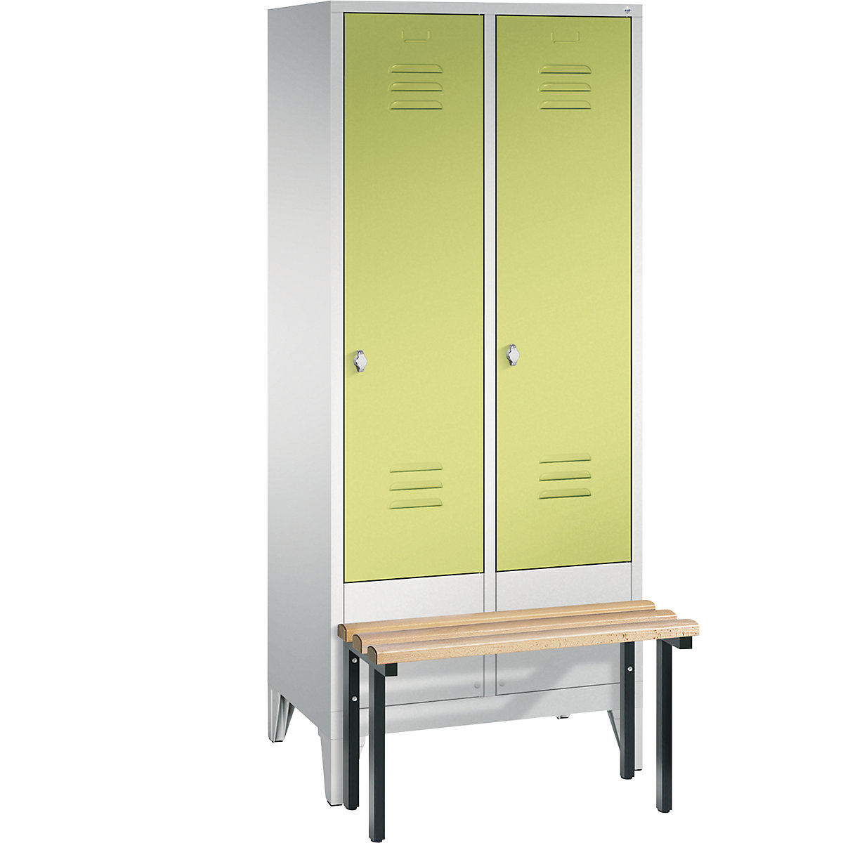 CLASSIC cloakroom locker with bench mounted in front – C+P, 2 compartments, compartment width 400 mm, light grey / viridian green-8