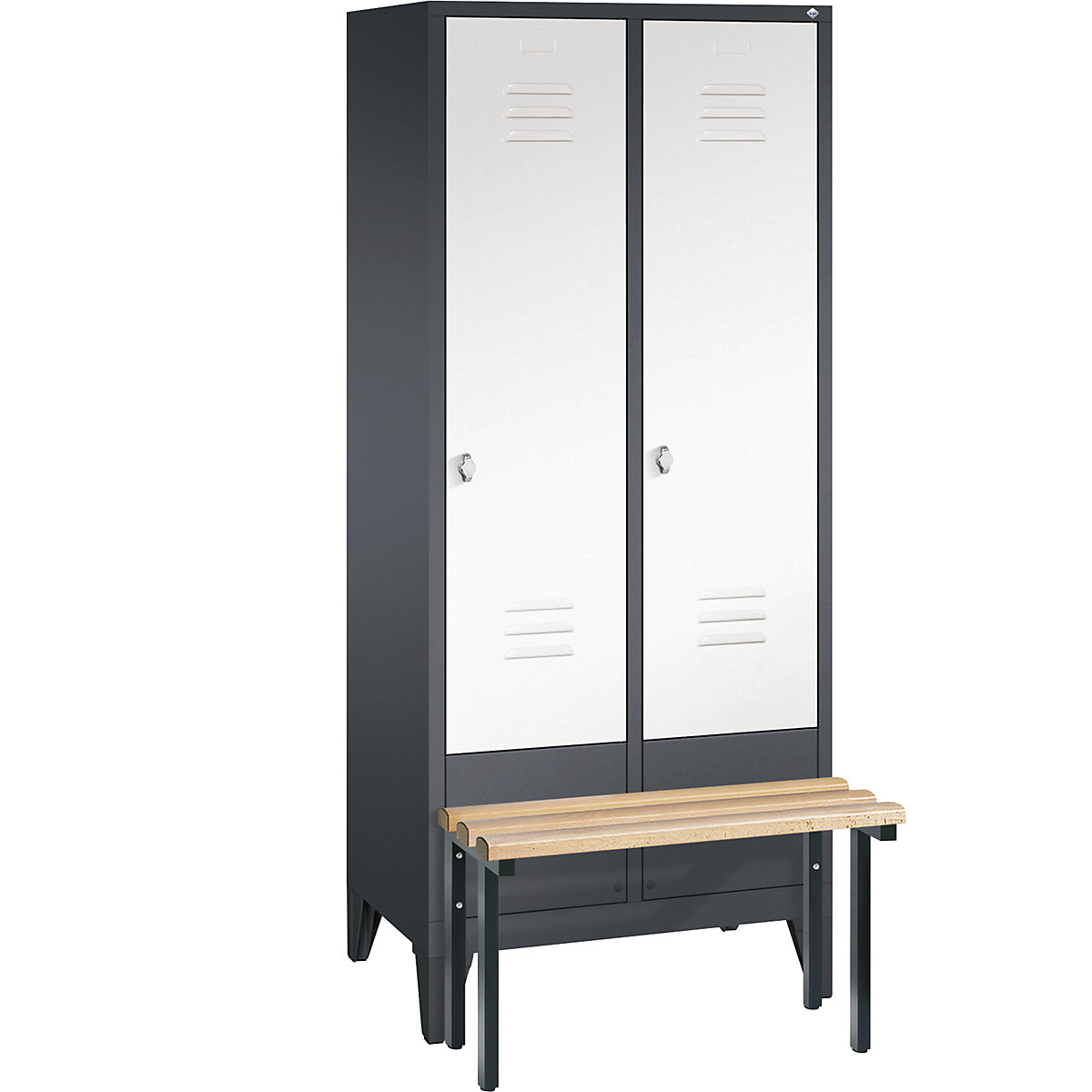 CLASSIC cloakroom locker with bench mounted in front – C+P, 2 compartments, compartment width 400 mm, black grey / traffic white-11