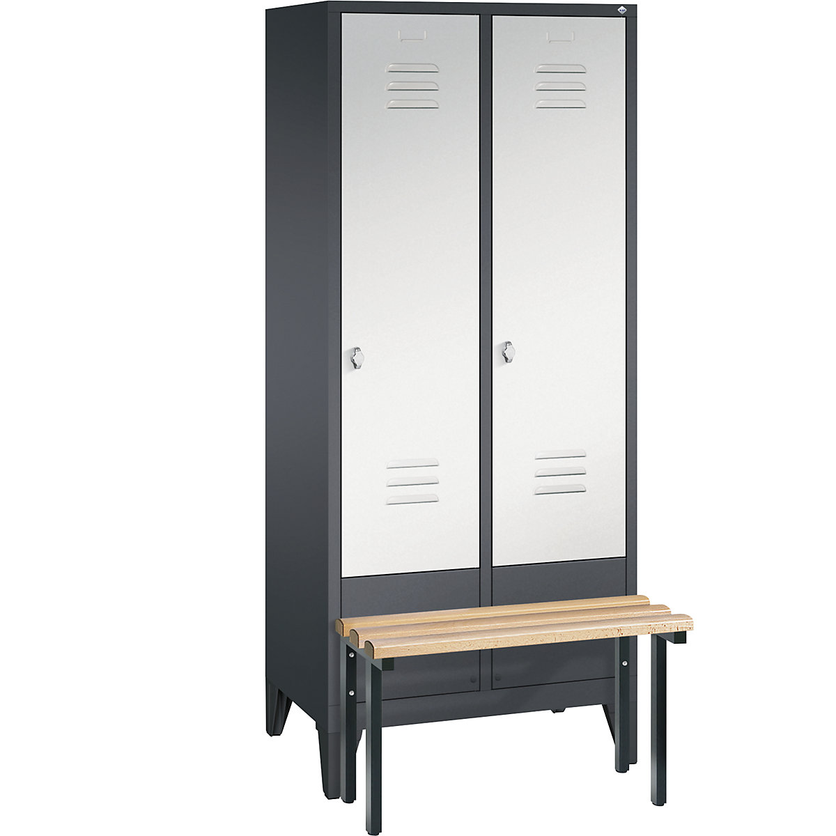 CLASSIC cloakroom locker with bench mounted in front – C+P, 2 compartments, compartment width 400 mm, black grey / light grey-14