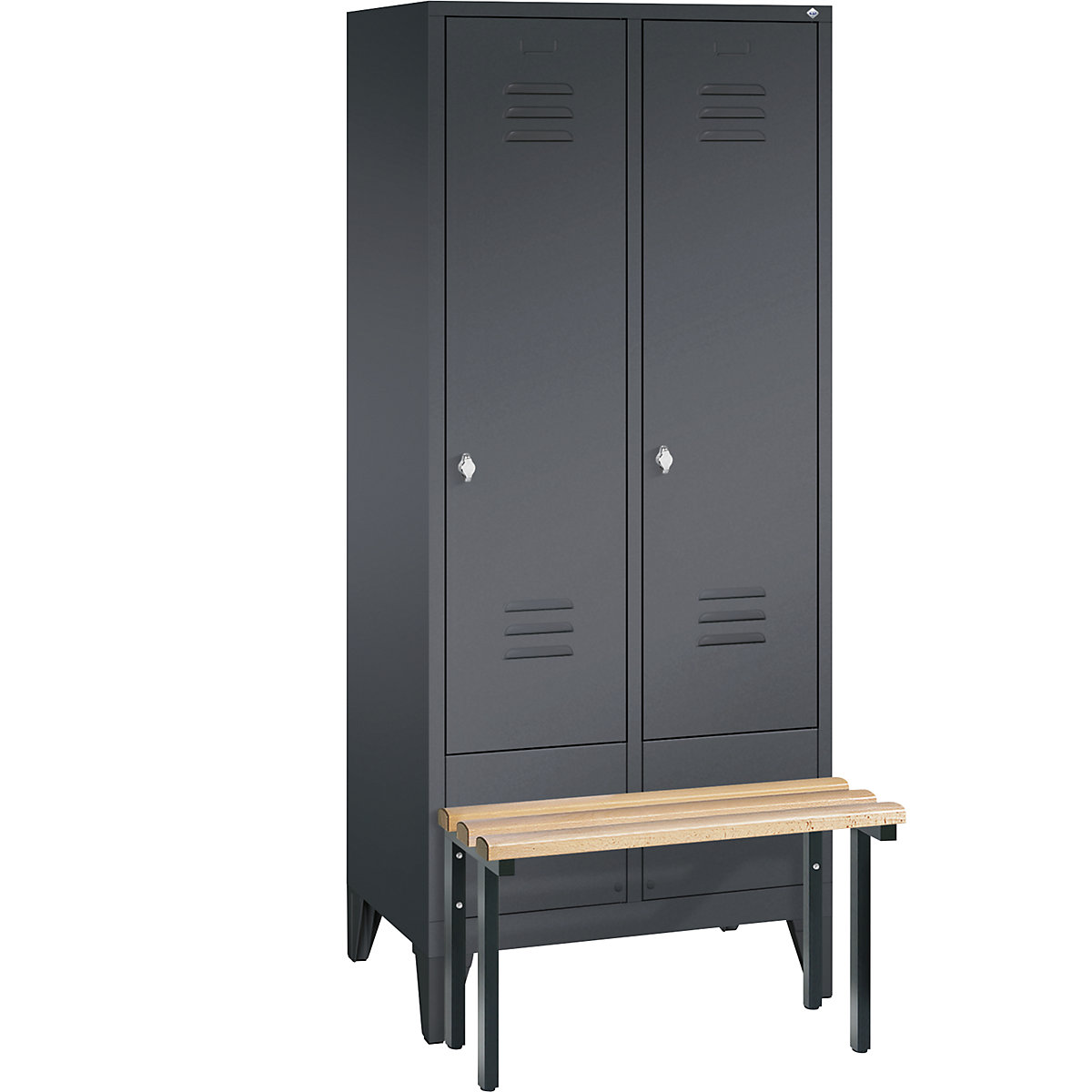 CLASSIC cloakroom locker with bench mounted in front – C+P, 2 compartments, compartment width 400 mm, black grey-3
