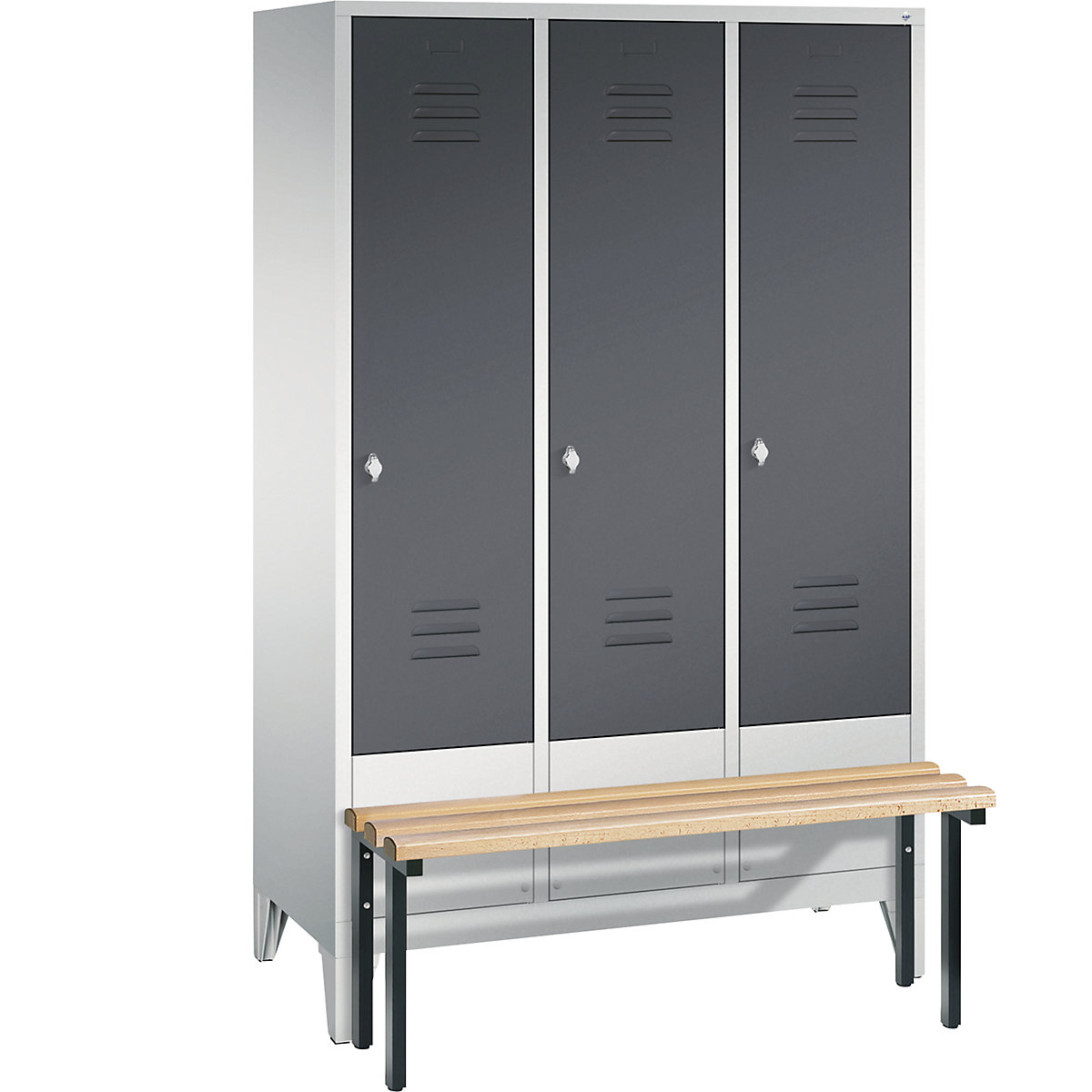 CLASSIC cloakroom locker with bench mounted in front – C+P, 3 compartments, compartment width 400 mm, light grey / black grey-13
