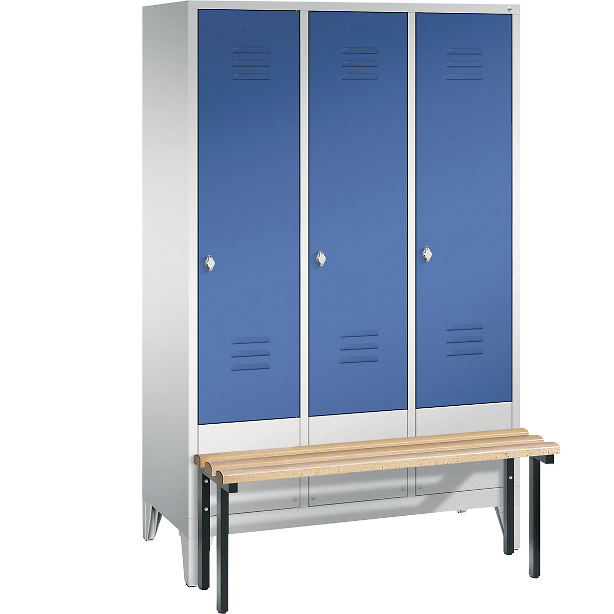 CLASSIC cloakroom locker with bench mounted in front – C+P, 3 compartments, compartment width 400 mm, light grey / gentian blue-2