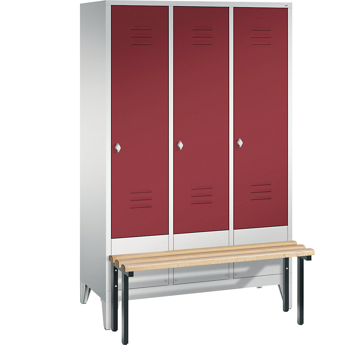 CLASSIC cloakroom locker with bench mounted in front – C+P, 3 compartments, compartment width 400 mm, light grey / ruby red-12