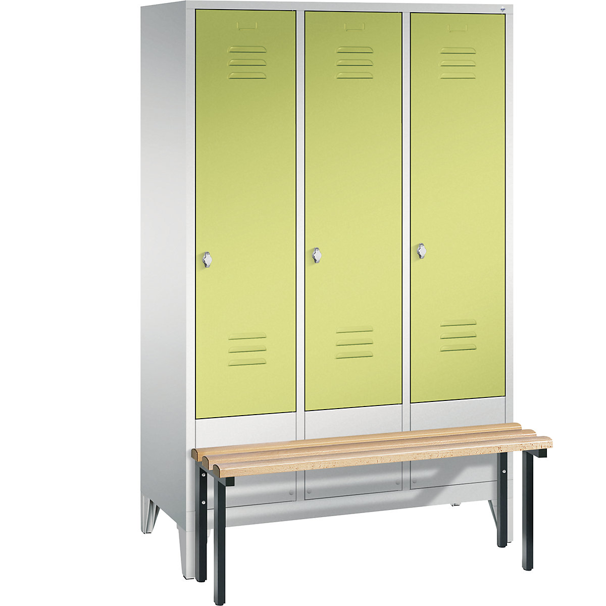 CLASSIC cloakroom locker with bench mounted in front – C+P, 3 compartments, compartment width 400 mm, light grey / viridian green-8