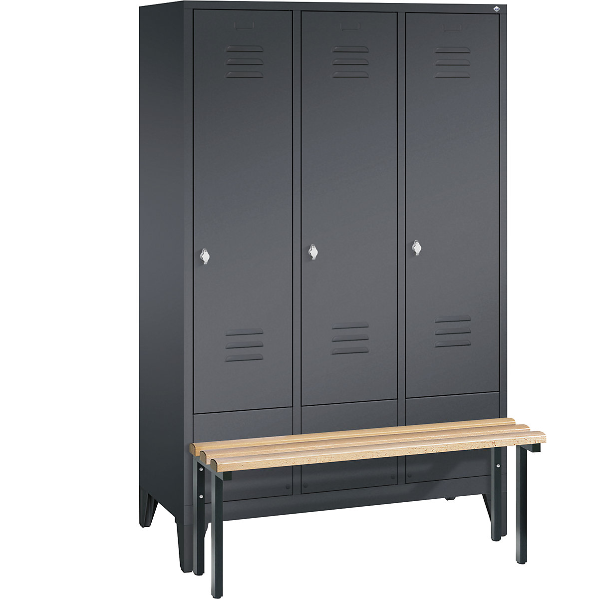 CLASSIC cloakroom locker with bench mounted in front – C+P, 3 compartments, compartment width 400 mm, black grey-5