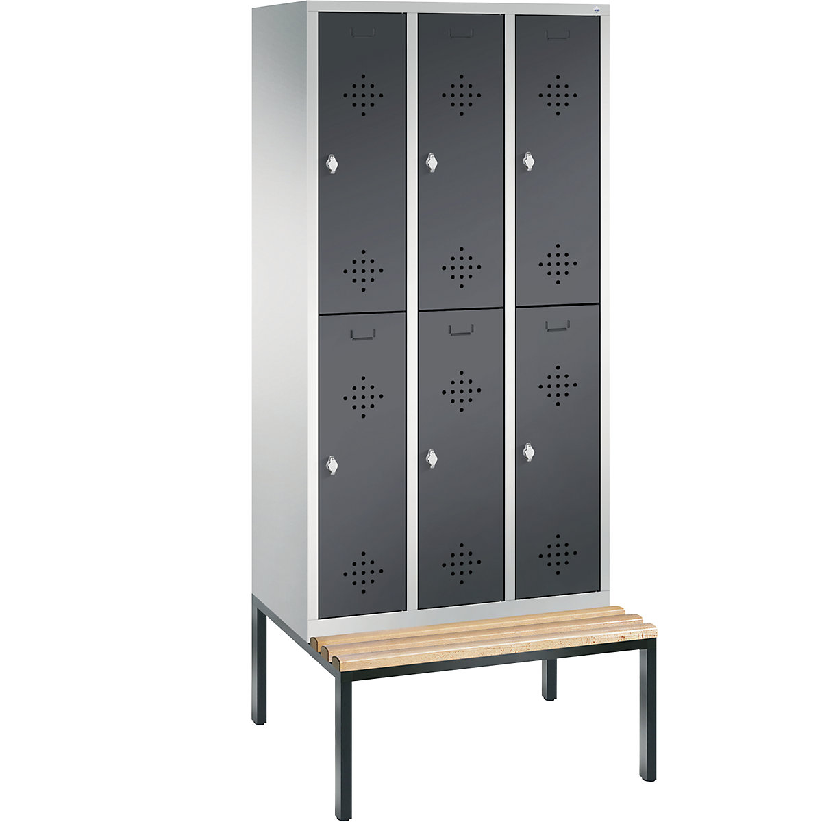 CLASSIC cloakroom locker with bench mounted underneath, double tier – C+P