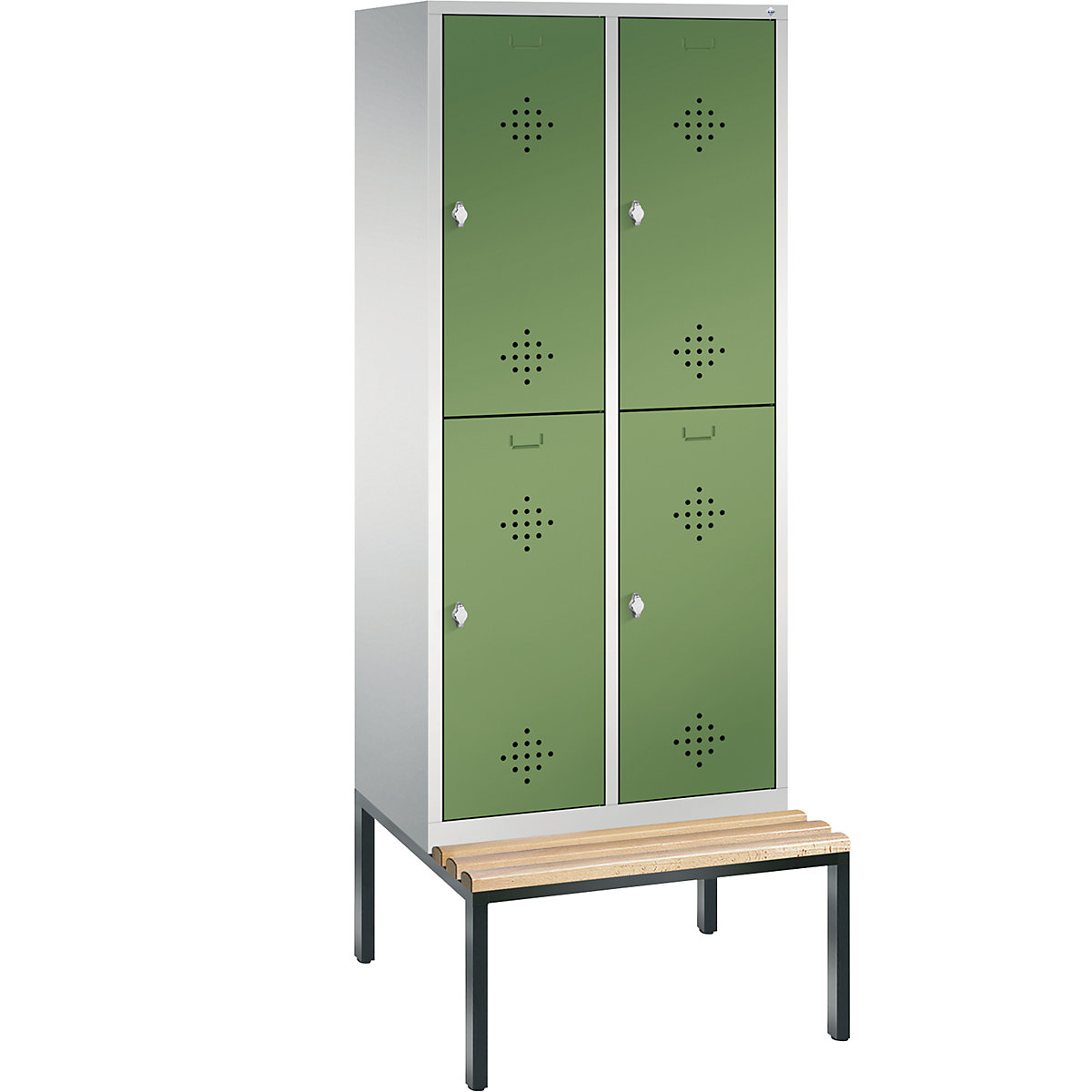 CLASSIC cloakroom locker with bench mounted underneath, double tier – C+P