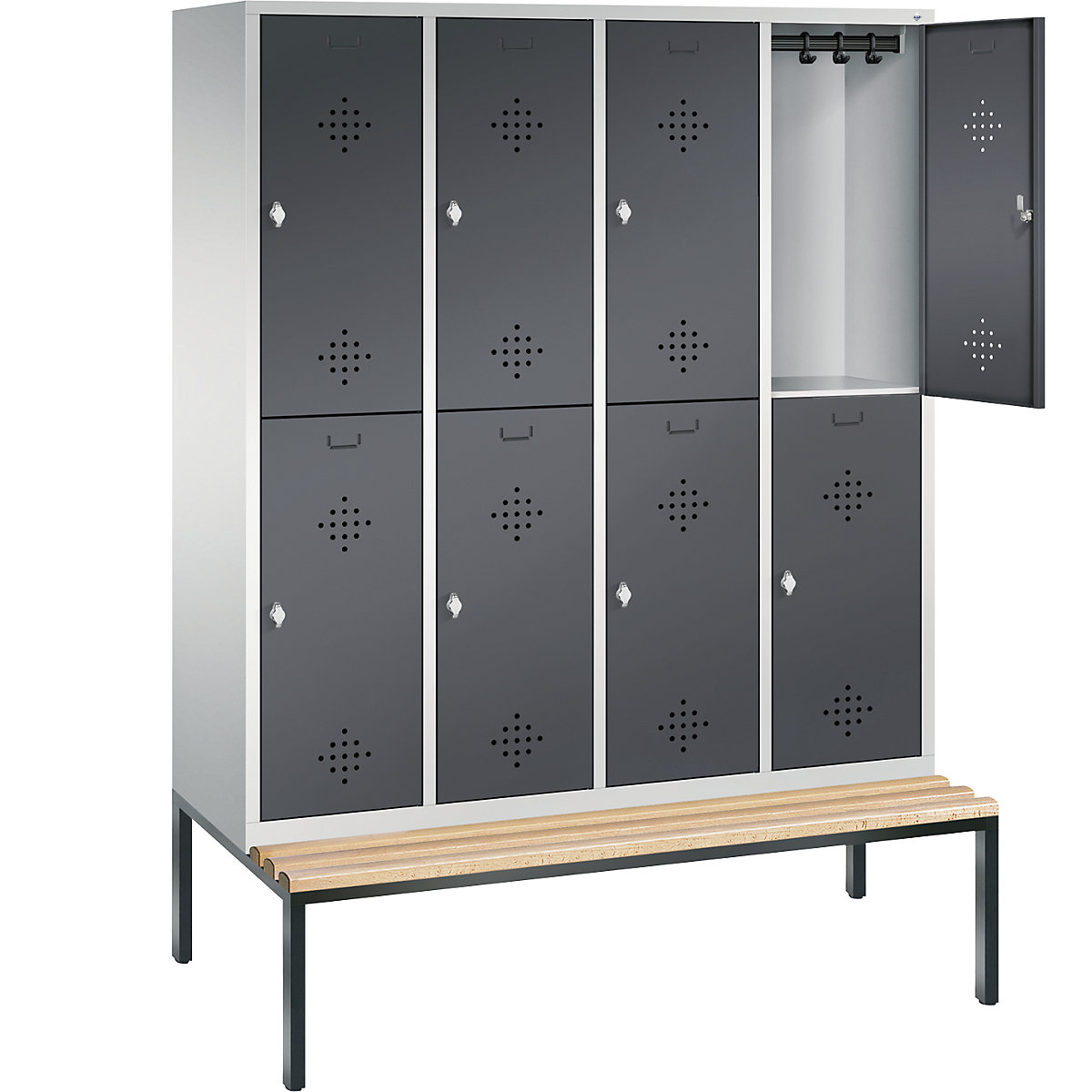 C+P: CLASSIC – kaiserkraft mounted compartment with tier bench locker 2 each, 400 cloakroom mm double compartments, shelf compartments underneath, width 4 |
