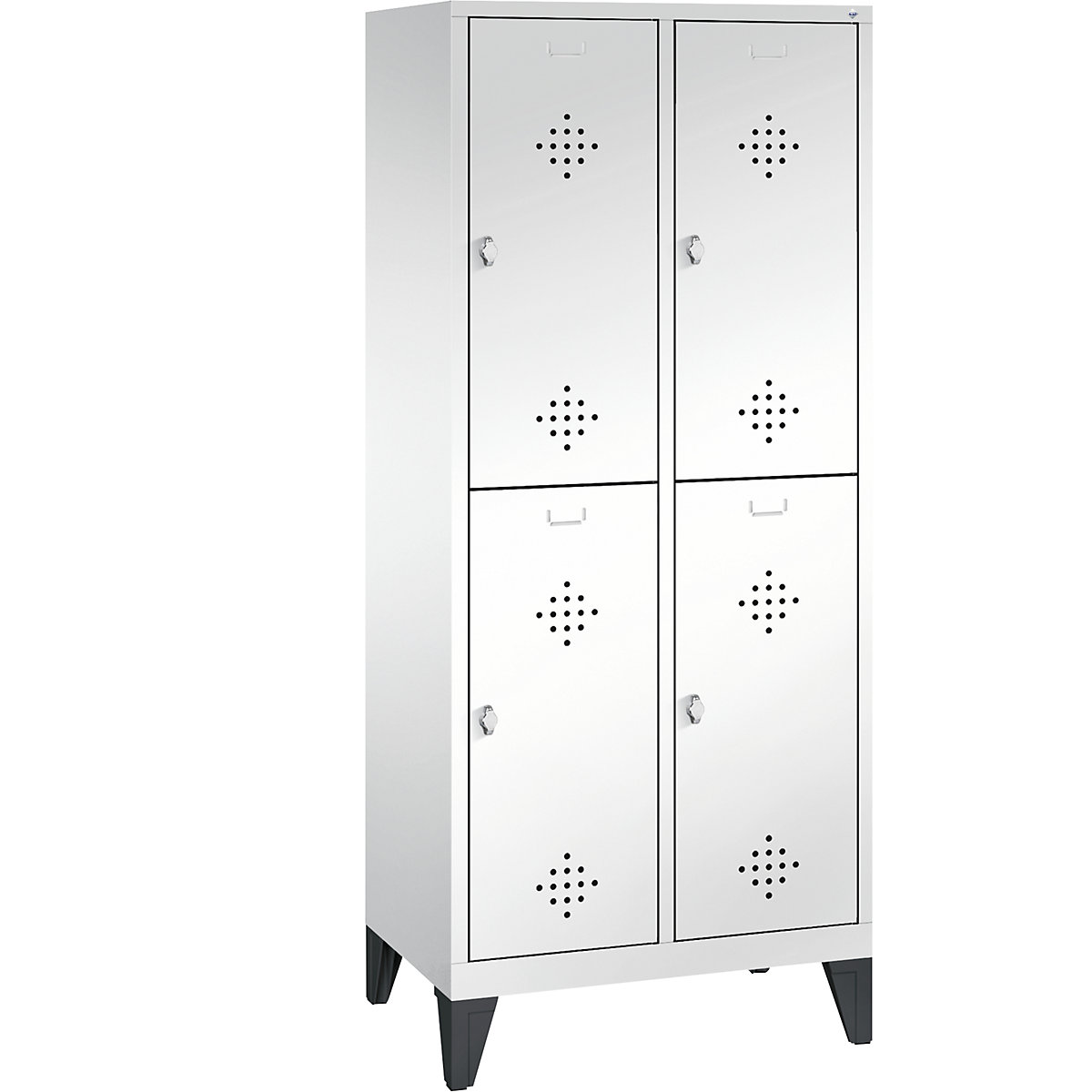 CLASSIC cloakroom locker with feet, double tier – C+P, 2 compartments, 2 shelf compartments each, compartment width 400 mm, traffic white-7