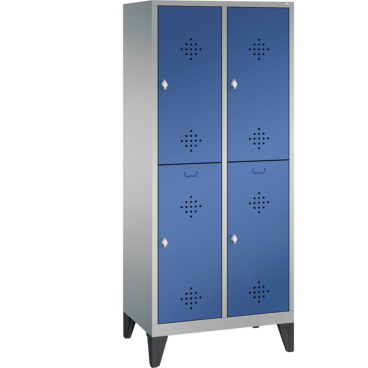 CLASSIC cloakroom locker with feet, double tier – C+P, 2 compartments, 2 shelf compartments each, compartment width 400 mm, white aluminium / gentian blue-3