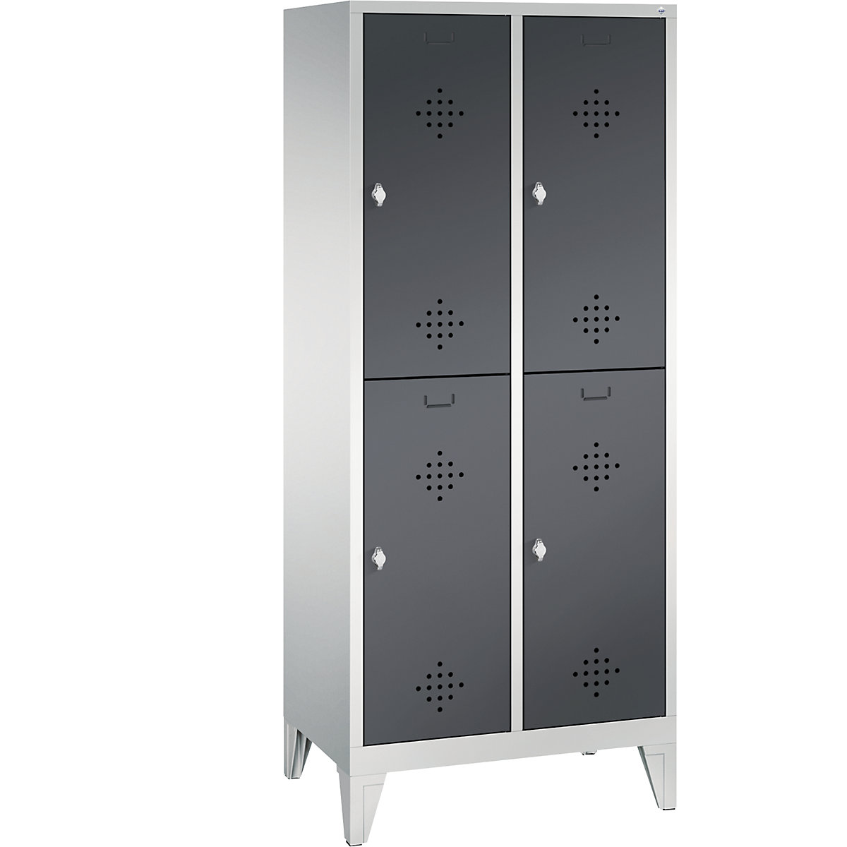 CLASSIC cloakroom locker with feet, double tier – C+P, 2 compartments, 2 shelf compartments each, compartment width 400 mm, light grey / black grey-10