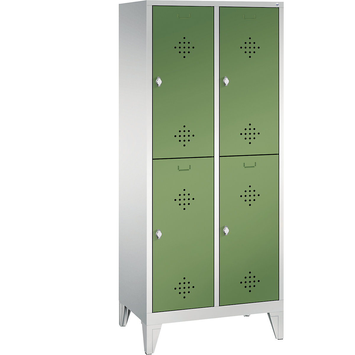CLASSIC cloakroom locker with feet, double tier – C+P, 2 compartments, 2 shelf compartments each, compartment width 400 mm, light grey / reseda green-6
