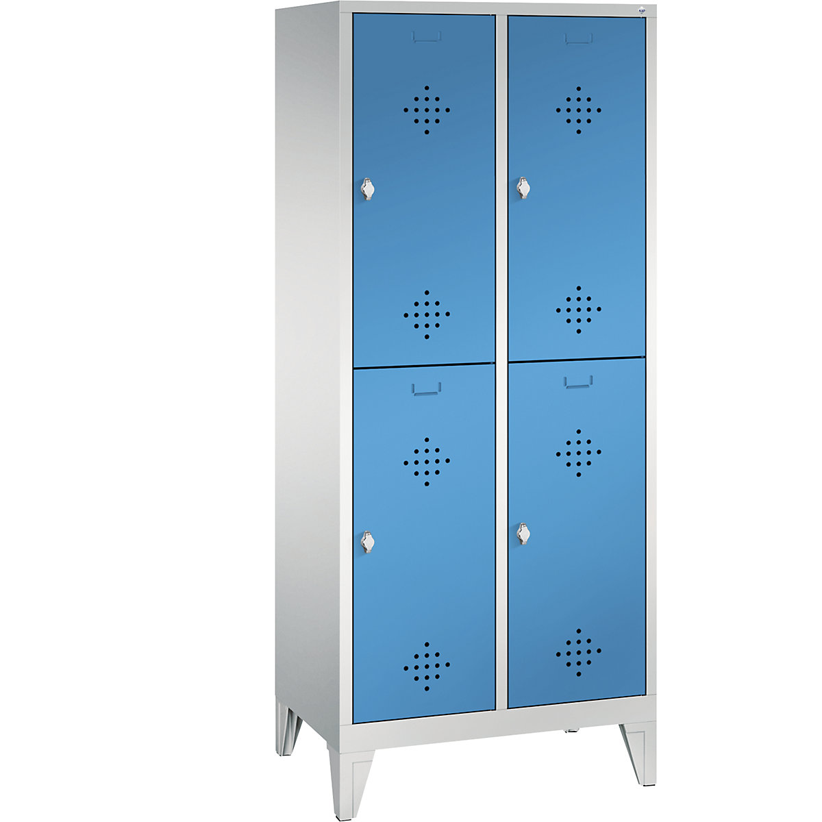 CLASSIC cloakroom locker with feet, double tier – C+P, 2 compartments, 2 shelf compartments each, compartment width 400 mm, light grey / light blue-4