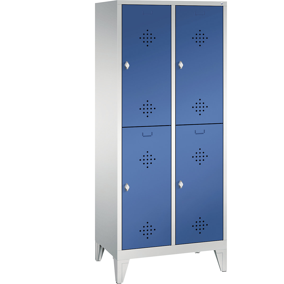 CLASSIC cloakroom locker with feet, double tier – C+P, 2 compartments, 2 shelf compartments each, compartment width 400 mm, light grey / gentian blue-14