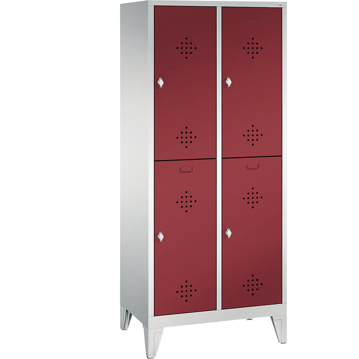 CLASSIC cloakroom locker with feet, double tier – C+P, 2 compartments, 2 shelf compartments each, compartment width 400 mm, light grey / ruby red-11