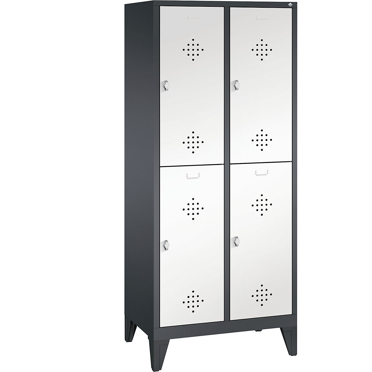 CLASSIC cloakroom locker with feet, double tier – C+P, 2 compartments, 2 shelf compartments each, compartment width 400 mm, black grey / traffic white-12