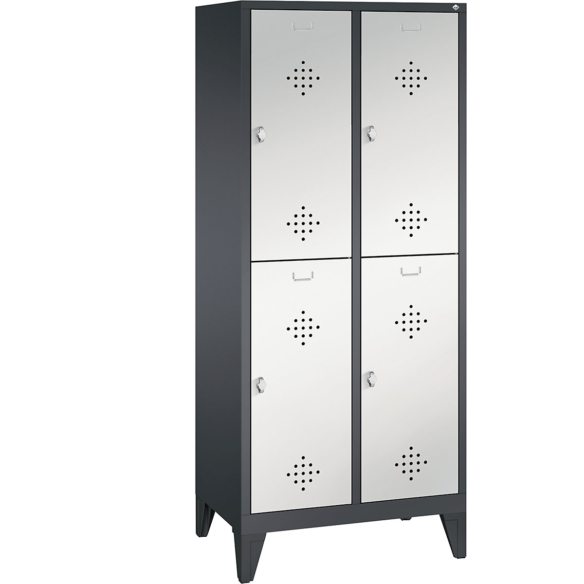 CLASSIC cloakroom locker with feet, double tier – C+P, 2 compartments, 2 shelf compartments each, compartment width 400 mm, black grey / light grey-8