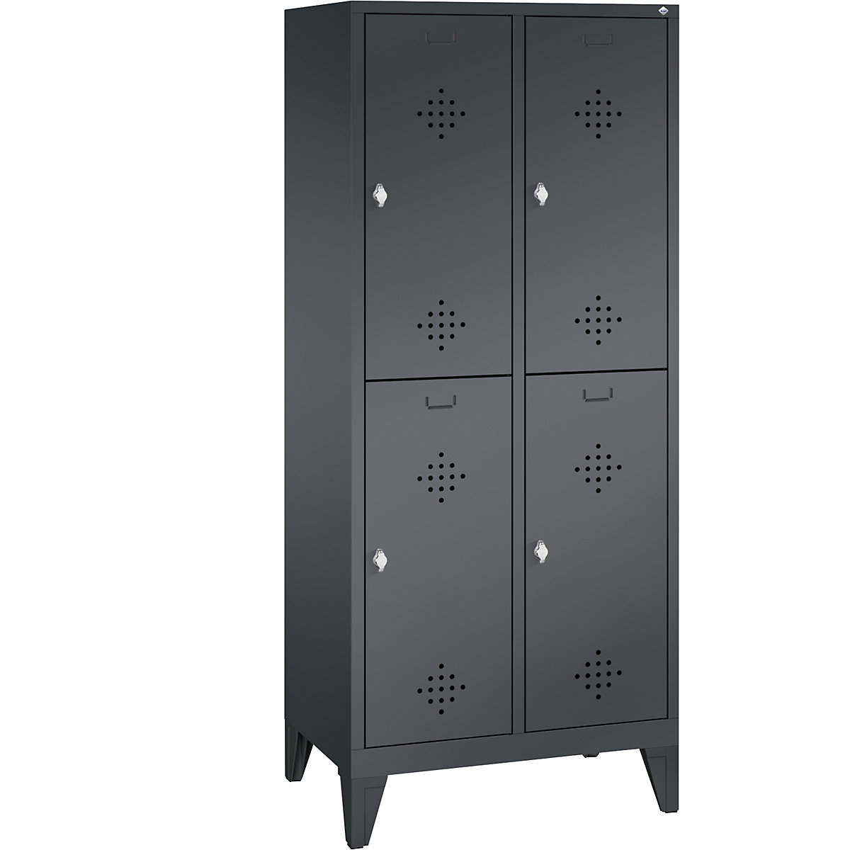 CLASSIC cloakroom locker with feet, double tier – C+P, 2 compartments, 2 shelf compartments each, compartment width 400 mm, black grey-9