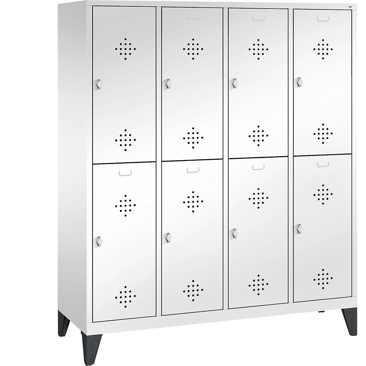 CLASSIC cloakroom locker with feet, double tier – C+P, 4 compartments, 2 shelf compartments each, compartment width 400 mm, traffic white-8