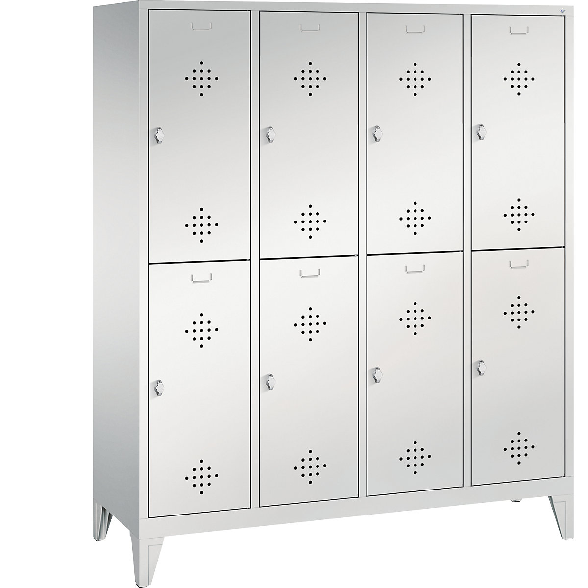CLASSIC cloakroom locker with feet, double tier – C+P, 4 compartments, 2 shelf compartments each, compartment width 400 mm, light grey-9