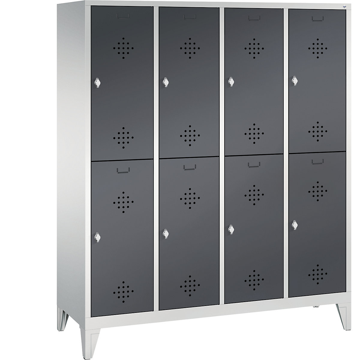 CLASSIC cloakroom locker with feet, double tier – C+P, 4 compartments, 2 shelf compartments each, compartment width 400 mm, light grey / black grey-13