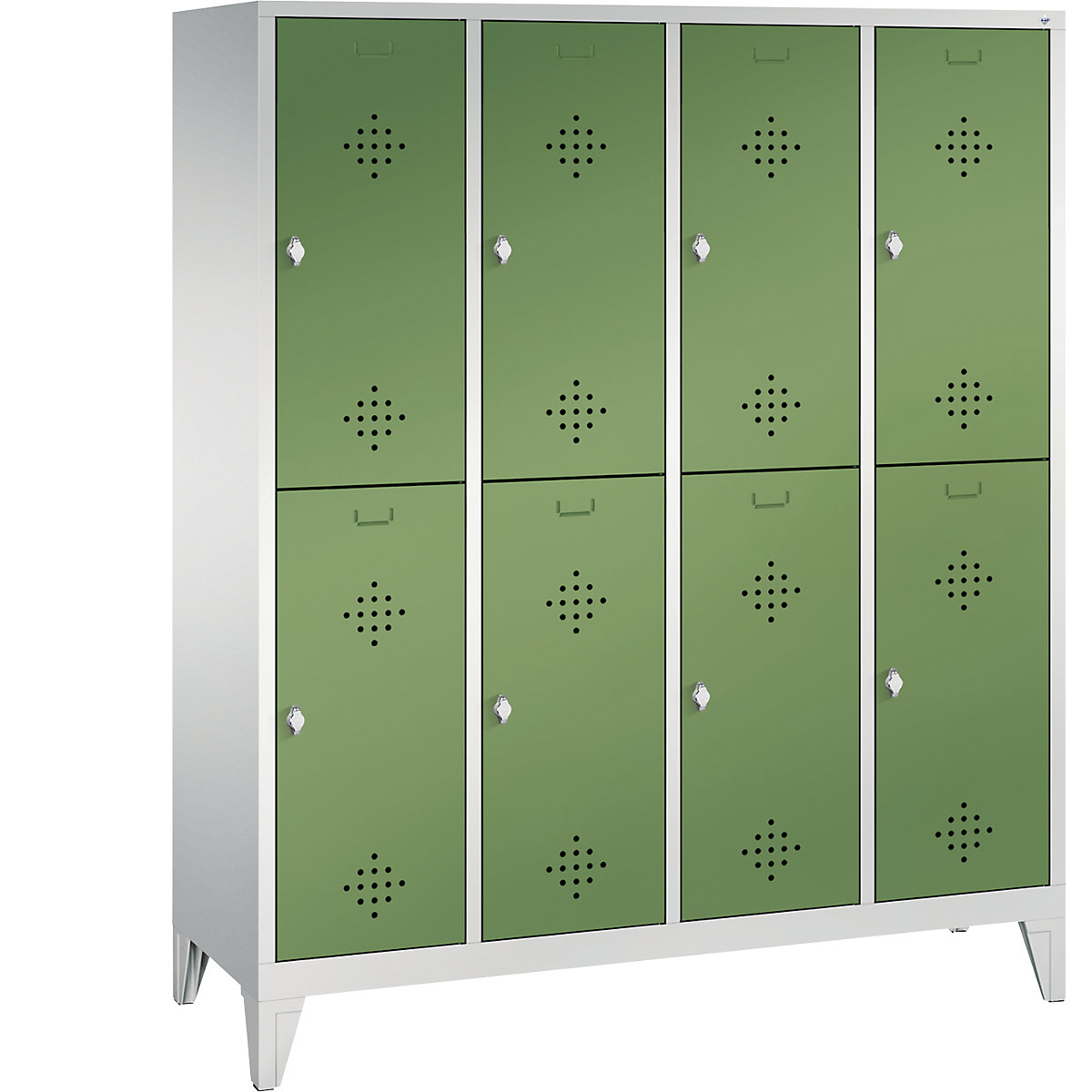 CLASSIC cloakroom locker with feet, double tier – C+P, 4 compartments, 2 shelf compartments each, compartment width 400 mm, light grey / reseda green-6