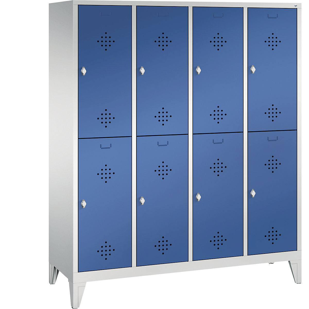 CLASSIC cloakroom locker with feet, double tier – C+P, 4 compartments, 2 shelf compartments each, compartment width 400 mm, light grey / gentian blue-7