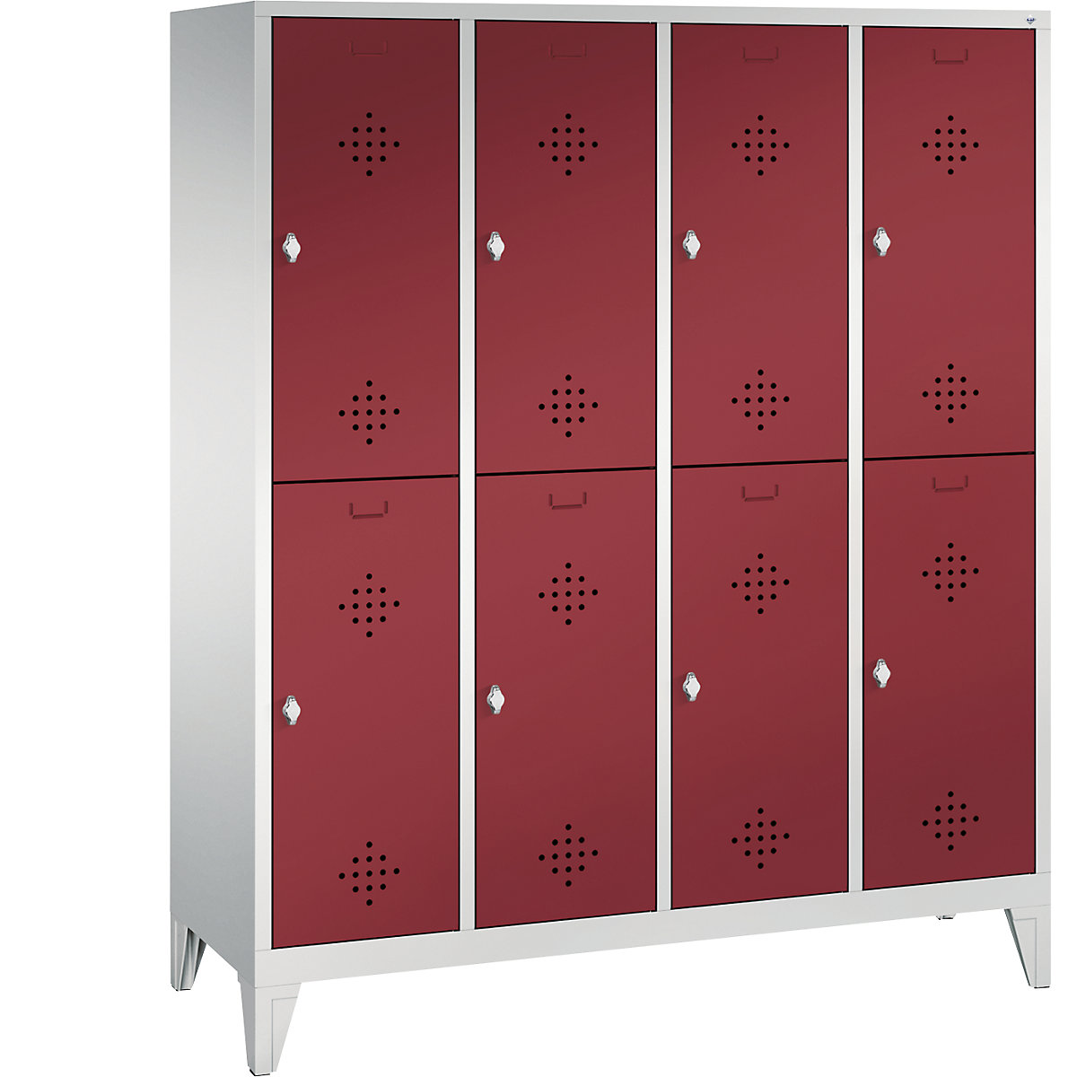 CLASSIC cloakroom locker with feet, double tier – C+P, 4 compartments, 2 shelf compartments each, compartment width 400 mm, light grey / ruby red-12