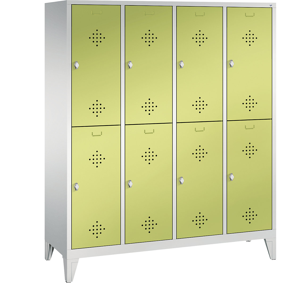 CLASSIC cloakroom locker with feet, double tier – C+P, 4 compartments, 2 shelf compartments each, compartment width 400 mm, light grey / viridian green-5