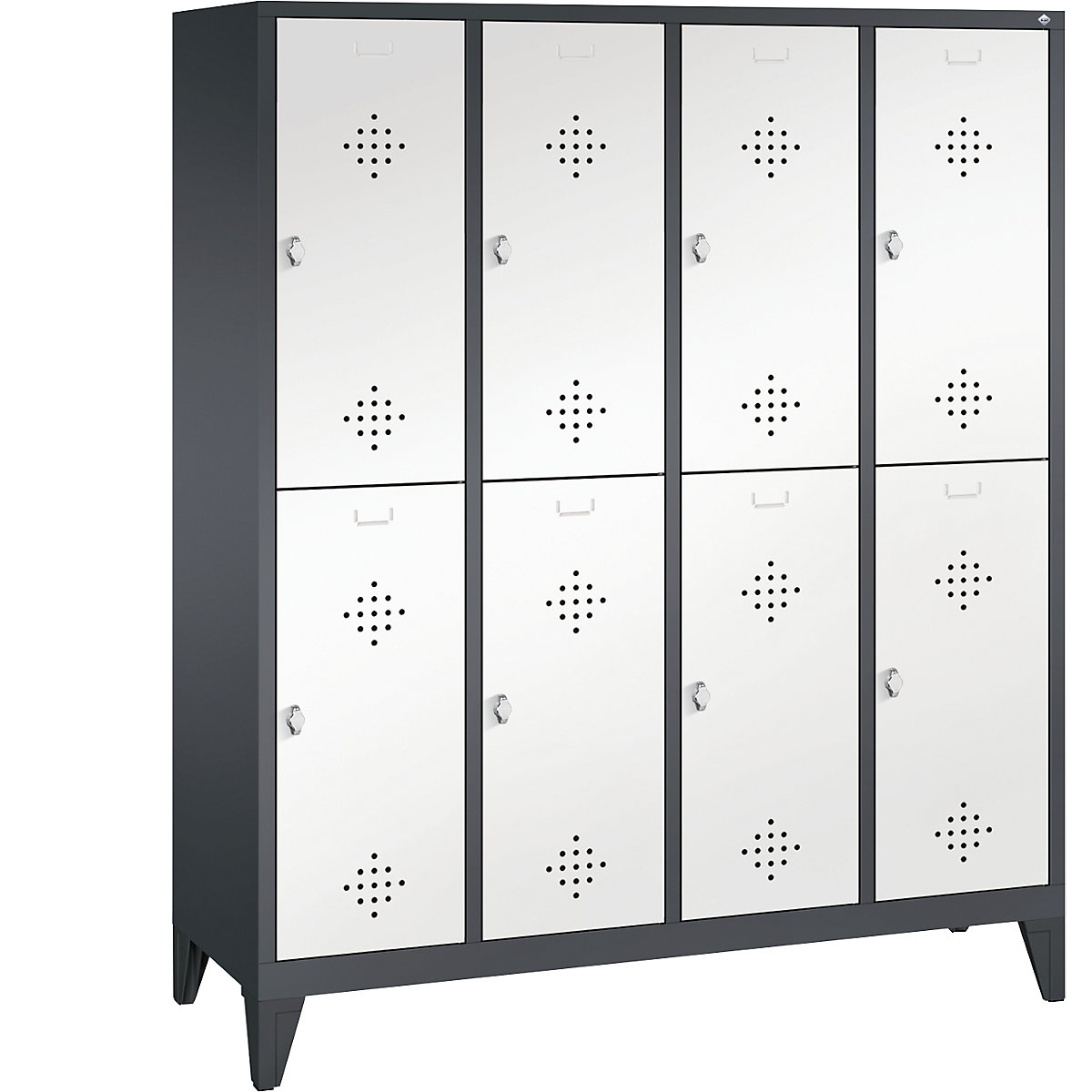CLASSIC cloakroom locker with feet, double tier – C+P, 4 compartments, 2 shelf compartments each, compartment width 400 mm, black grey / traffic white-10