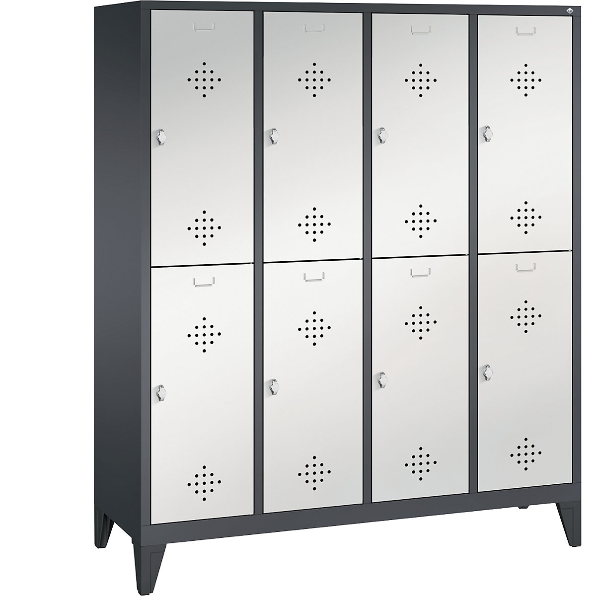 CLASSIC cloakroom locker with feet, double tier – C+P, 4 compartments, 2 shelf compartments each, compartment width 400 mm, black grey / light grey-3