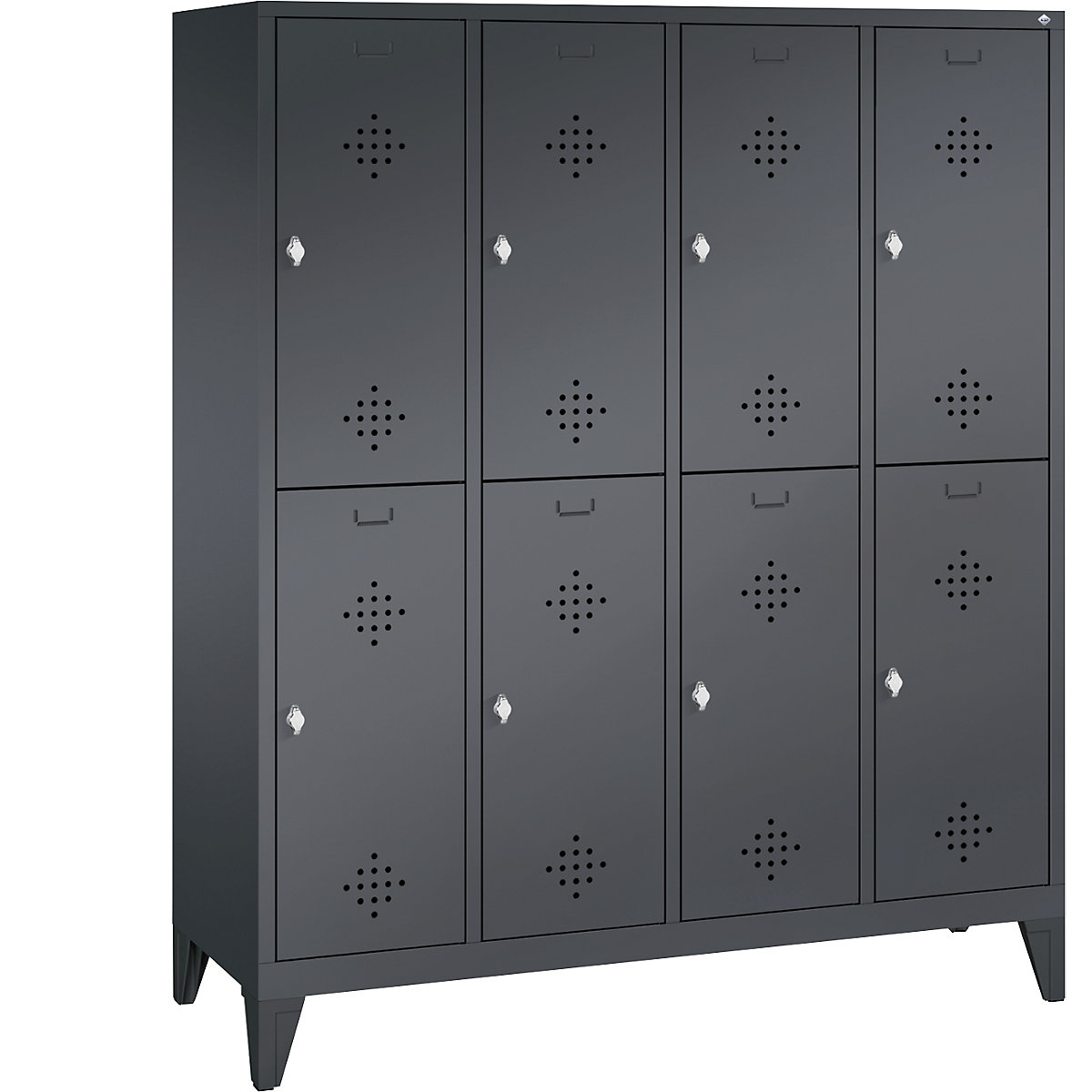CLASSIC cloakroom locker with feet, double tier – C+P, 4 compartments, 2 shelf compartments each, compartment width 400 mm, black grey-11