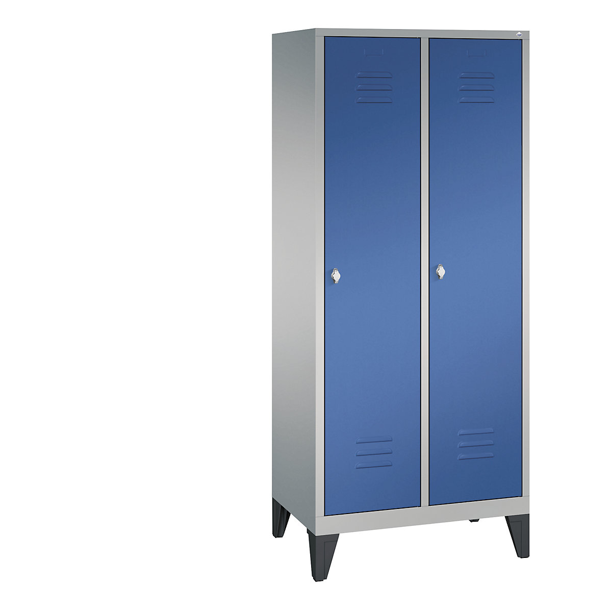 CLASSIC cloakroom locker with feet – C+P, 2 compartments, compartment width 400 mm, white aluminium / gentian blue-9