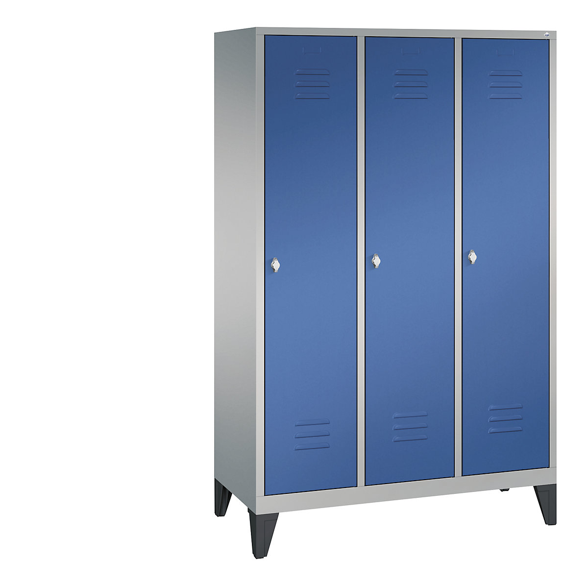 CLASSIC cloakroom locker with feet – C+P, 3 compartments, compartment width 400 mm, white aluminium / gentian blue-12
