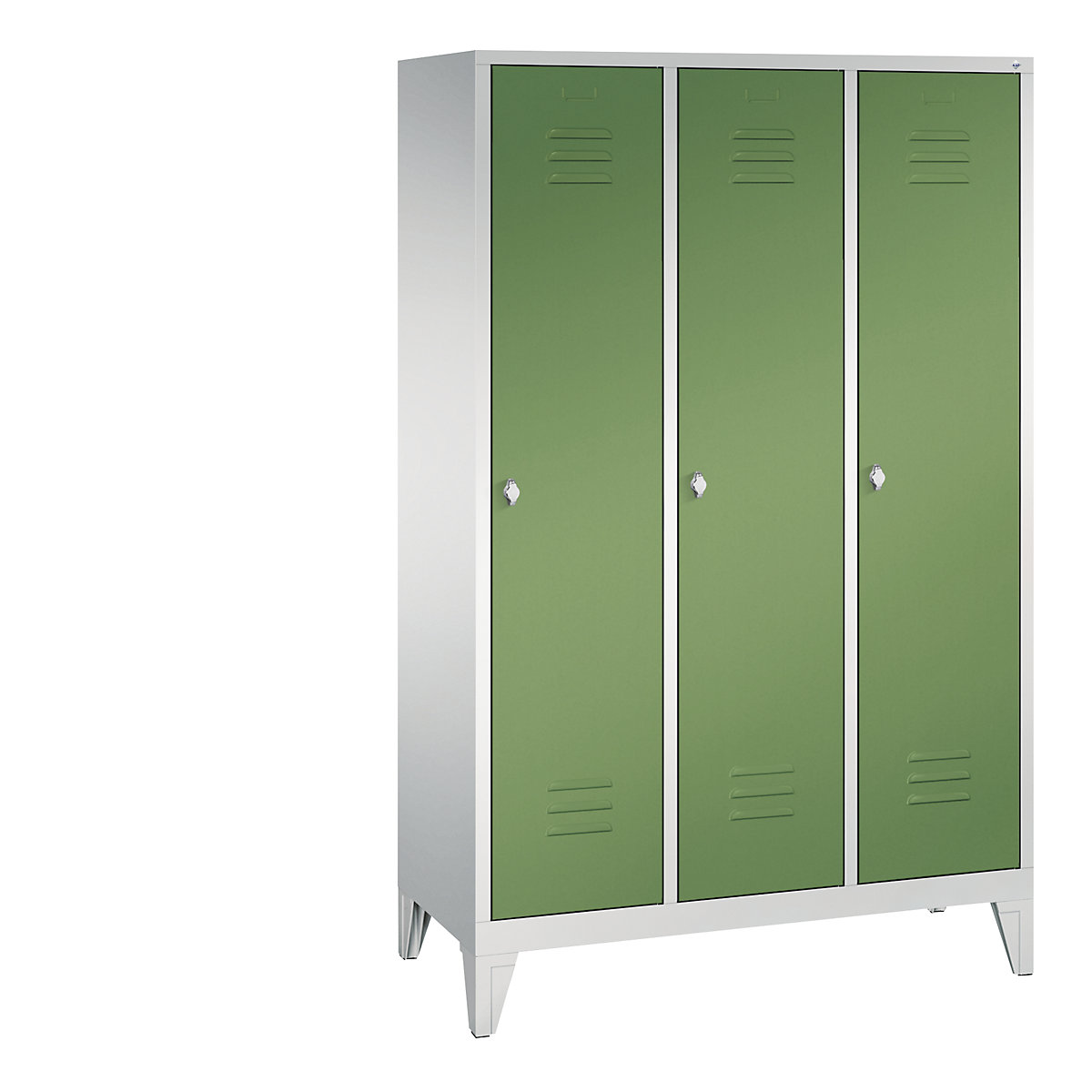 CLASSIC cloakroom locker with feet – C+P, 3 compartments, compartment width 400 mm, light grey / reseda green-4