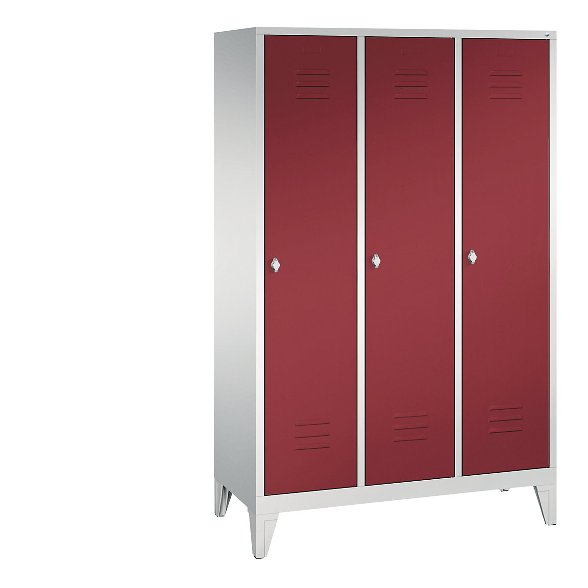CLASSIC cloakroom locker with feet – C+P, 3 compartments, compartment width 400 mm, light grey / ruby red-5