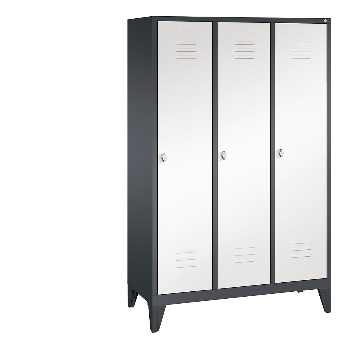 CLASSIC cloakroom locker with feet – C+P, 3 compartments, compartment width 400 mm, black grey / traffic white-3